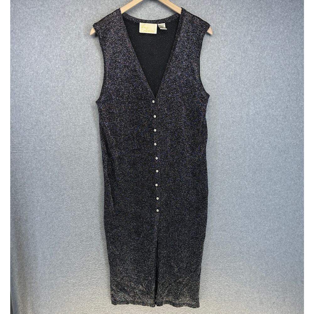 Nina Austin Dress Women Size M Black Sparkle V-Neck Sleeveless Button Front Midi